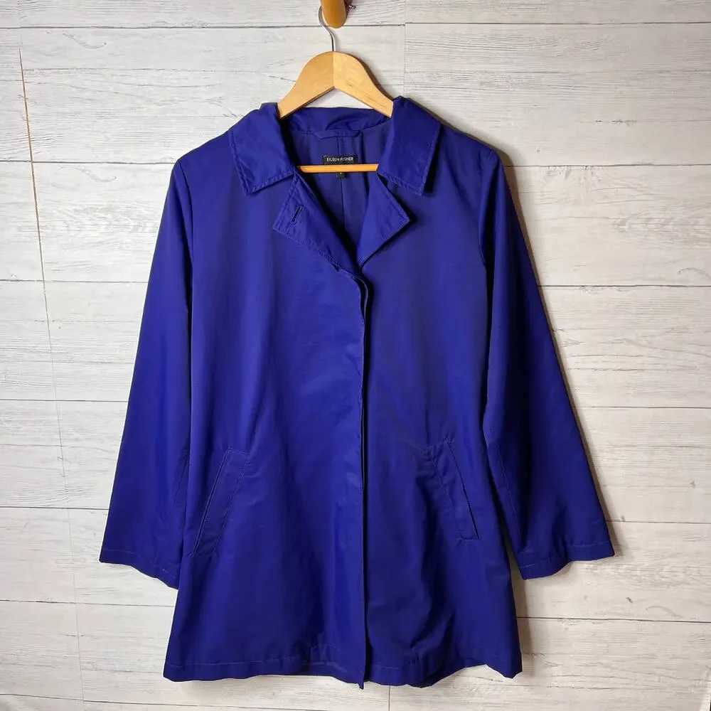 Eileen Fisher Coat Women Size Small Royal Blue A Line Button Down Trench - Picture 3 of 16